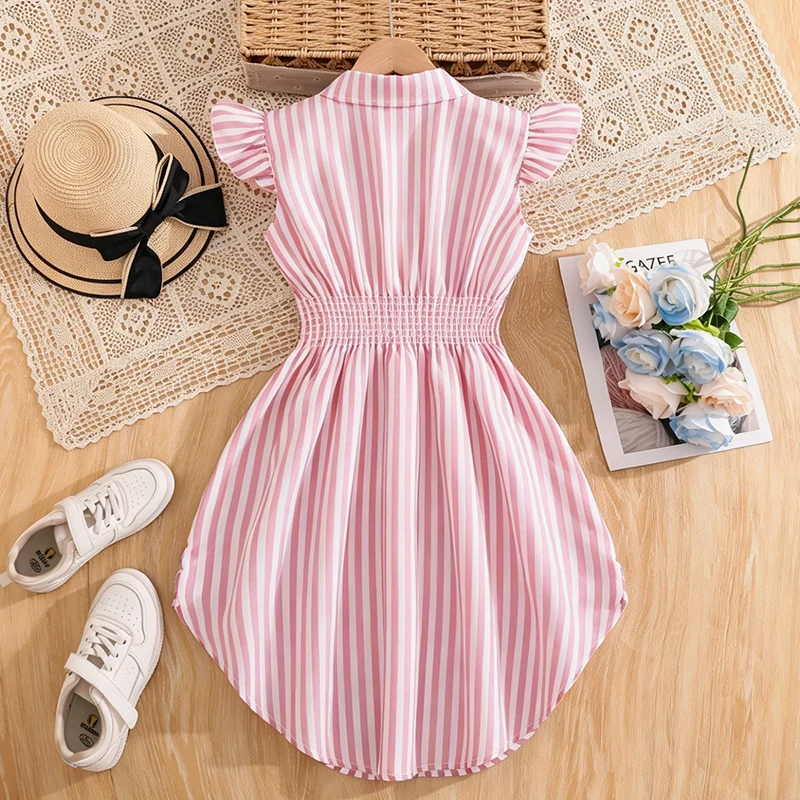 Blau-weiß gestreiftes Kleid für Mädchen von 8–12 Jahren, Hemdkragen mit Rüschenärmeln und gestreiftes Button-Down-Kleid mit seitlichen Bändern, lässige Kinderkleidung – Detail 17