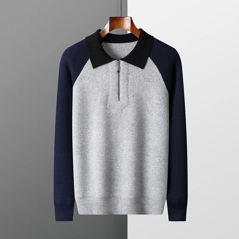 Pull en tricot à col polo pour homme, 100% pure laine, demi-fermeture éclair, revers, chemise tendance, document de match pour les jeunes, épaissir, hiver