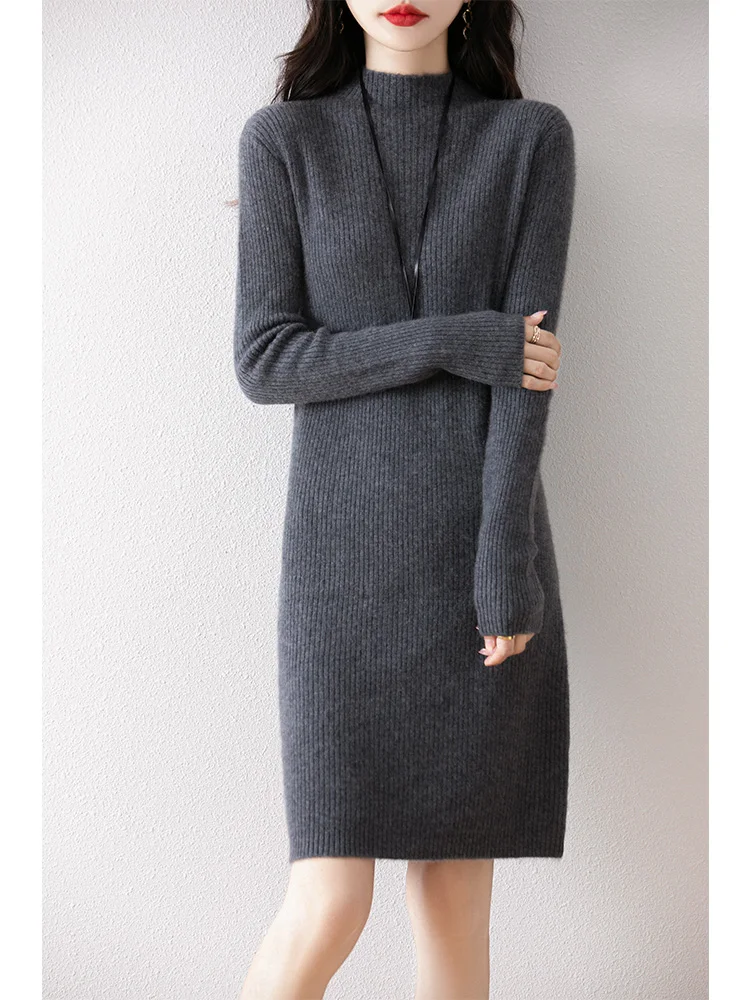 

Autumn Winter Women Wool Dress Pullover Office Lady Basic Long Sleeve Stand Collar Sweater Skirts 100% Merino Wool Knitted Dress