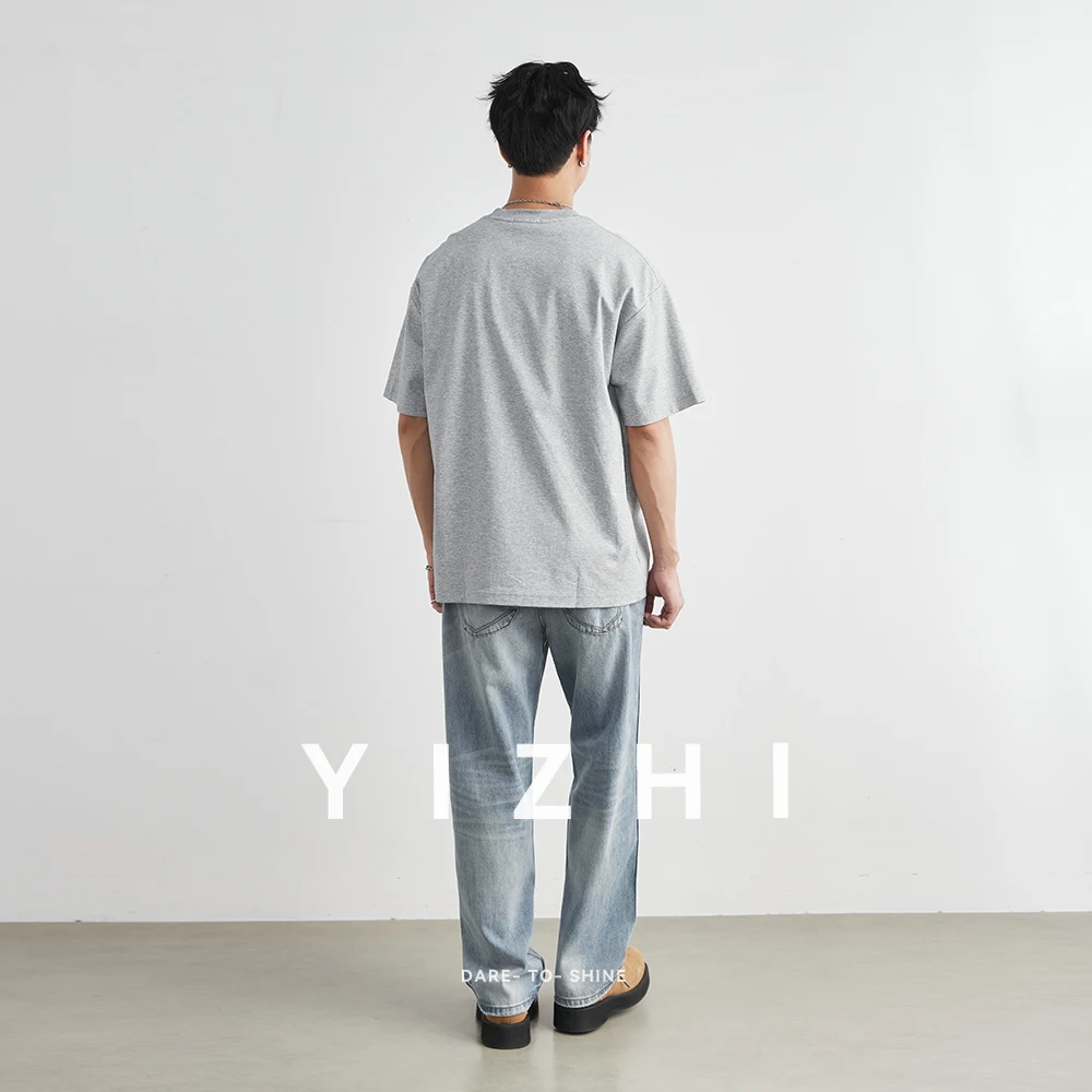 Men's Heavyweight 220g Cotton Crew Neck Short Sleeve T-Shirt 2026 Summer New  Loose Denim Patch Nota Letter Print Top