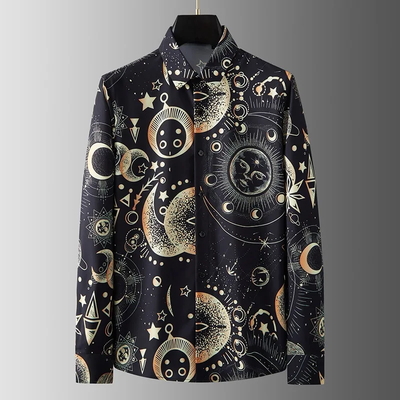 Trendy Spring and Autumn Abstract Universe Starry Sky Business Leisure Wrinkle resistant, Ironless, Slim fit Long sleeved Shirt