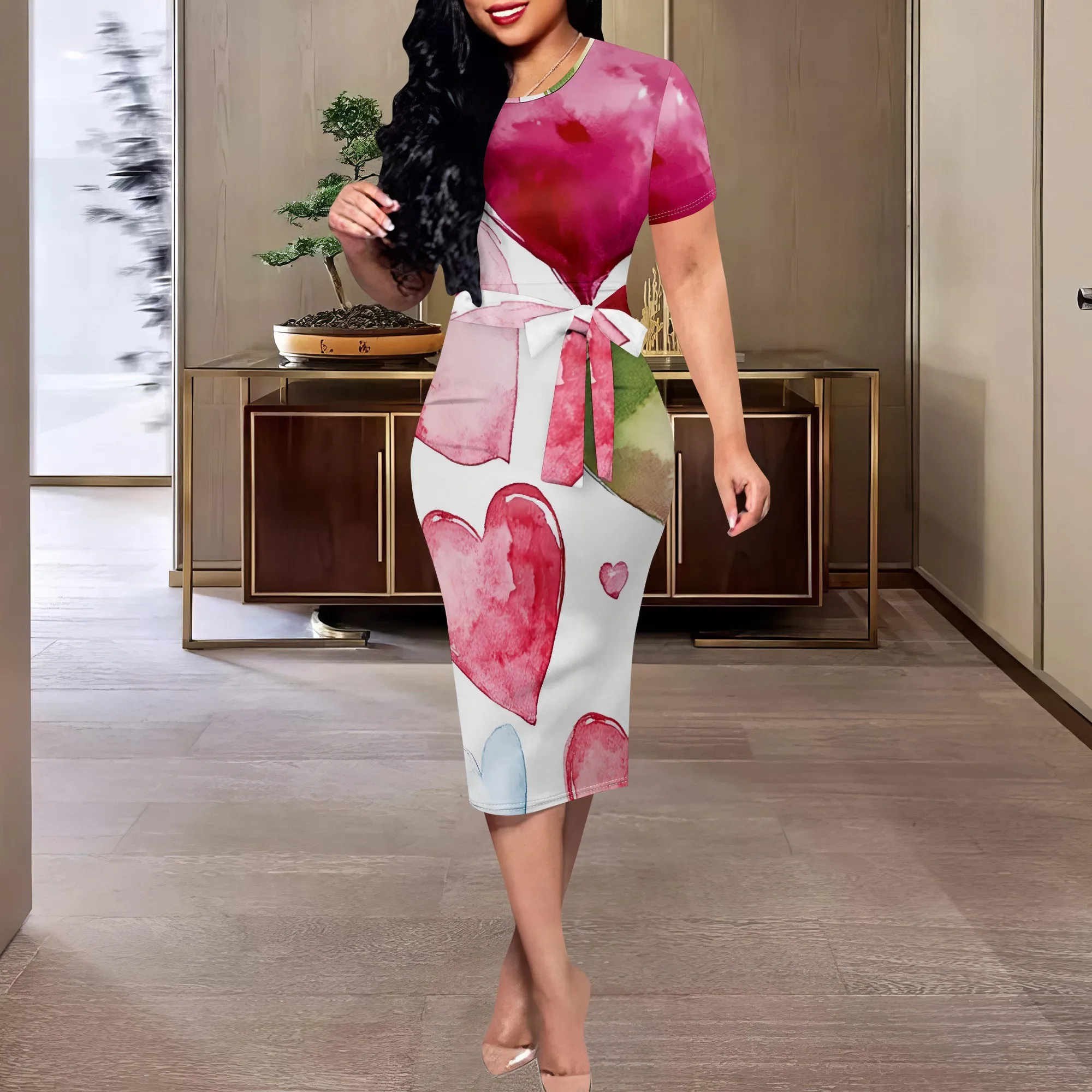 

Valentine Heart Print Bodycon Midi Dress XS-3XL Short Sleeve Belted Style for Romantic Date, Anniversary or Sweet Party Look