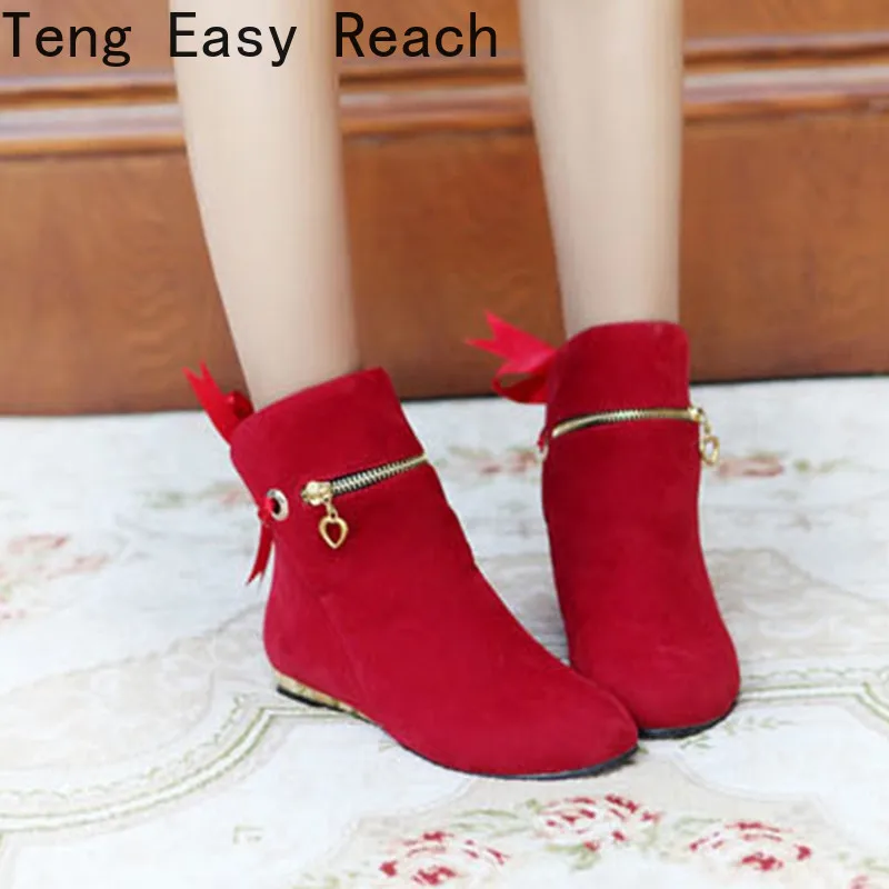 Sweet Bow Ankle Boots Women Faux Suede Boots Short Fashion Round Toe Solid Ankle Boots Woman Plus Size 35-43