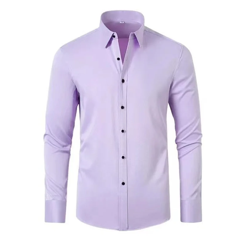 Camisa de manga comprida de luxo masculina, seda gelada, popeline, anti-rugas, não ferro, negócios, escritório, moda, casual, alta qualidade, S-5XL