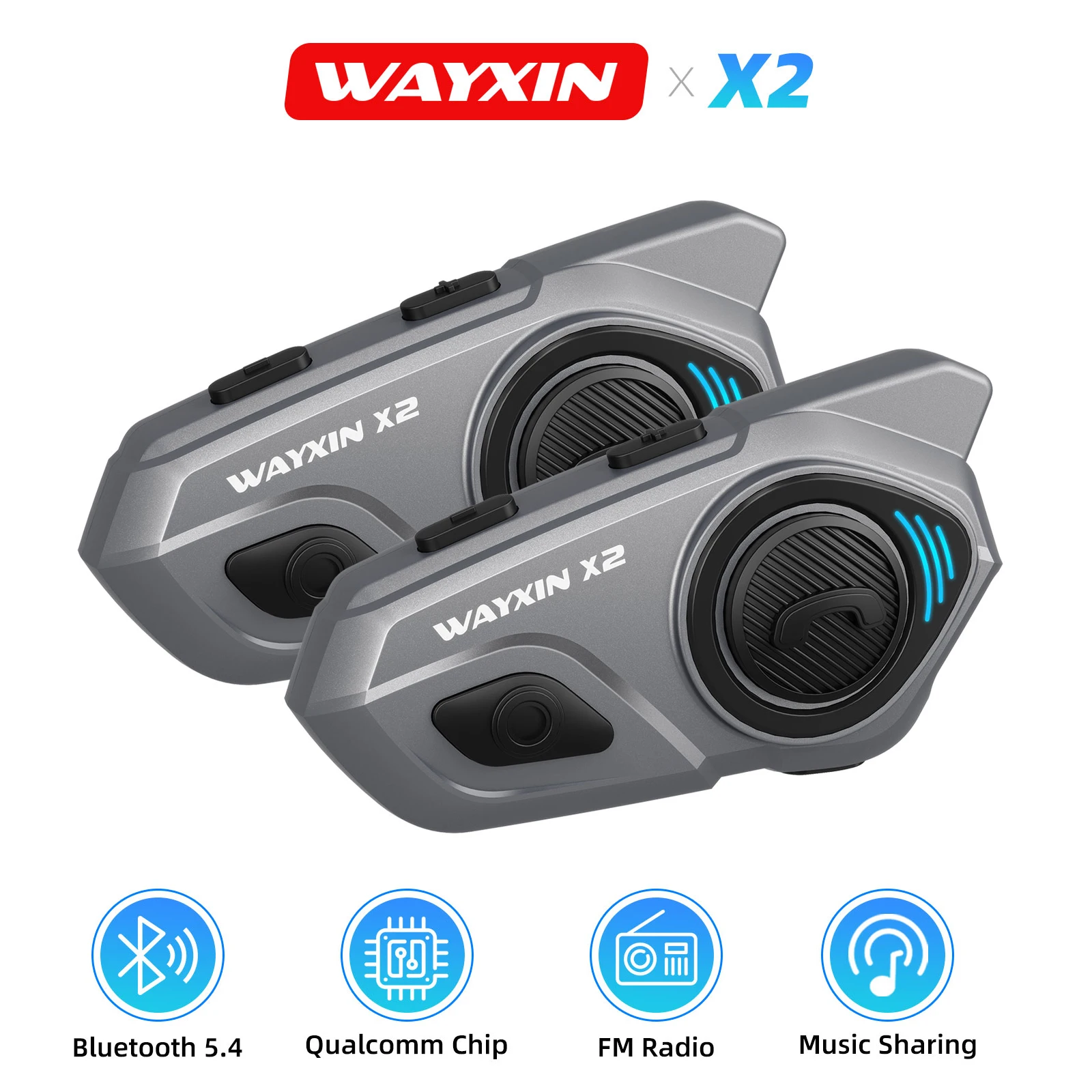 WAYXIN X2 Comunicador para Casco de Motocicleta, Intercomunicador para Moto, Conexión para 4 Motociclistas, BT5.4, Impermeable, Reducción de Ruido DSP, MP3, GPS