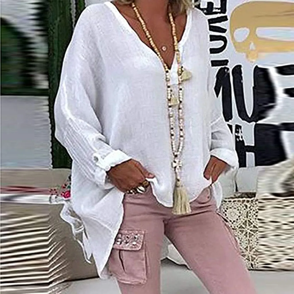 Blusas de lino y algodón para mujer, camisas blancas de gran tamaño con cuello en V y manga larga, blusa Irregular a la moda de verano