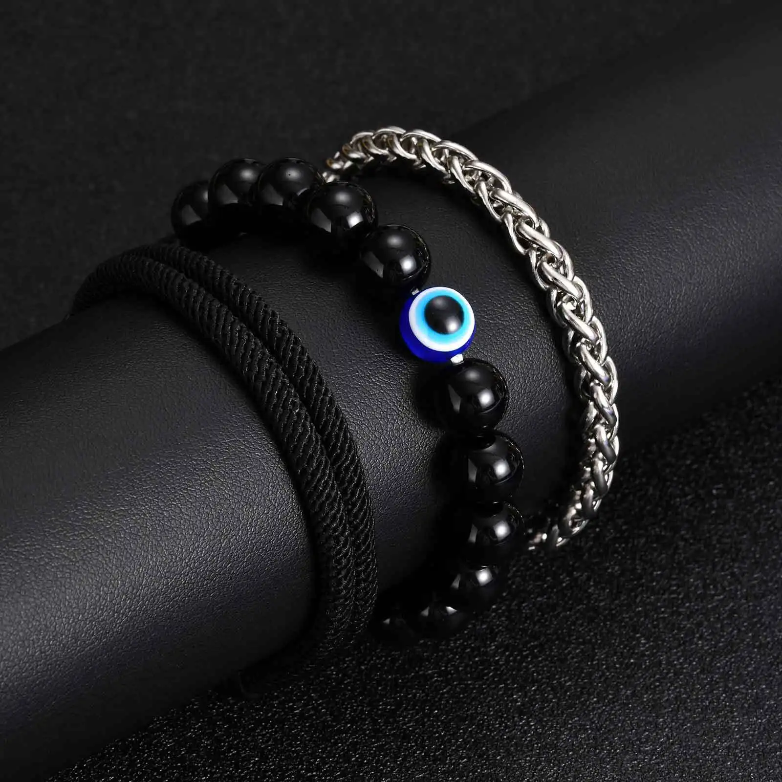 3 قطع سوار رجالي أنيق، سوار معصم قابل للتعديل بحبل أسود اللون، سوار مطرز على شكل عين الشيطان التركية #6