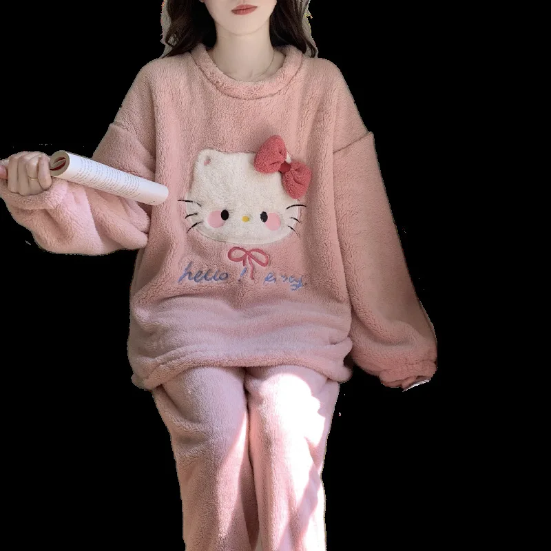 كارتون لطيف مرحبا كيتي الشتاء أفخم ثوب النوم السراويل دعوى Kawaii المرأة الدافئة سميكة منامة مجموعة الفتيات طالب Homewear
