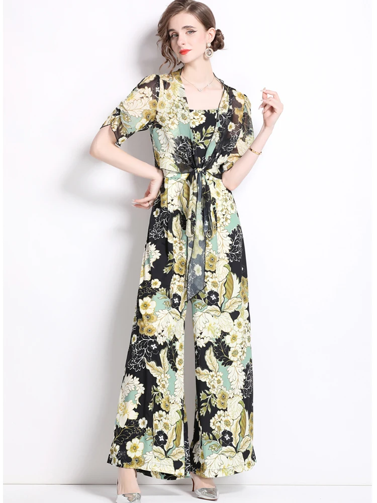 

Casual Printed Camisole Jumpsuit+Short Sleeved Cardigan Two-Piece Set 2025 New Fashionable Summer Women'S Clothing