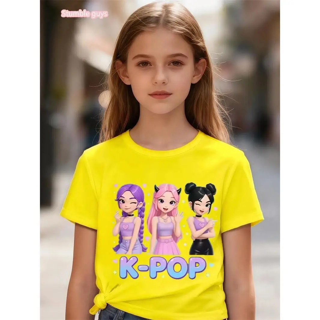 Mädchen Anime K-Pop Themen-T-Shirt 2026 Sommer-Stil Niedlicher Grafikdruck Kurzarm Weich Bequem Anime-Kleidung Kinder-T-Shirt – Detail 4