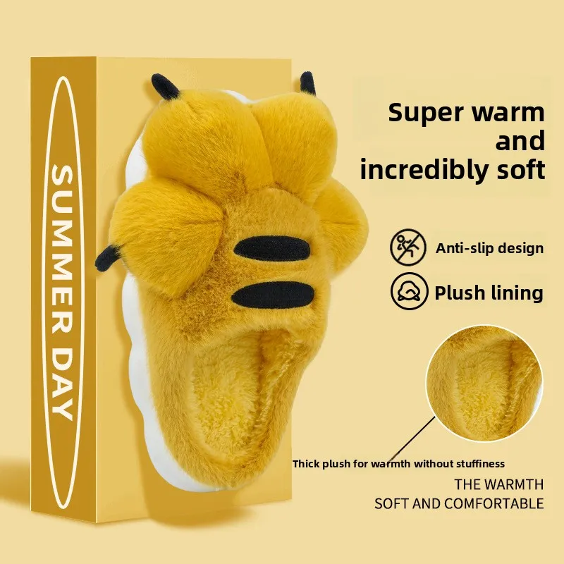 Cute Tiger Paw Plush Cotton Slippers Winter Warm Furry Non-slip Indoor House Shoes for Women Men Cozy Bedroom Slippers for Men