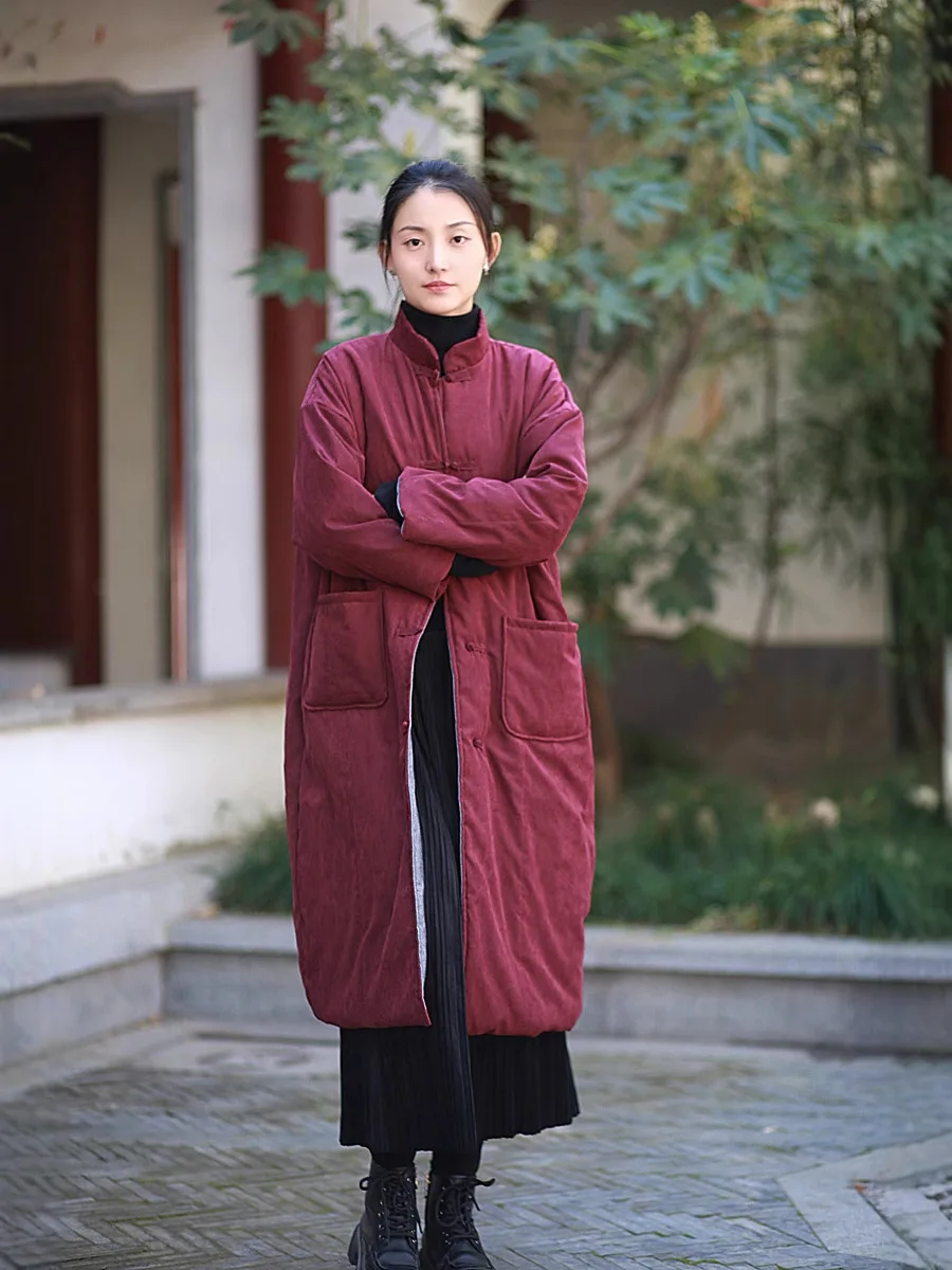 معطف هاراجوكو عتيق 100% قطن ملابس نسائية دافئة للخريف والشتاء سترات طويلة بجيوب واحدة الصدر سترات بياقة واقفة