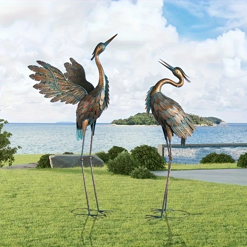 Rustic Metal Garden Crane Statues, Bird Sculpture For Yard Decor, Standing Heron Sculptures For Yard Lawn Pond Garden Decor