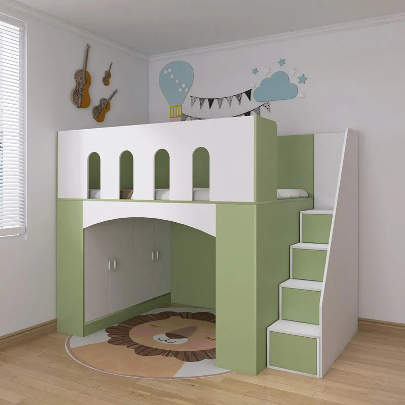 Solid Wood Half-height Bed Wardrobe Integrated Small Apartment Elevated Medium-height Bed Ladder Boys and Girls Secret Base