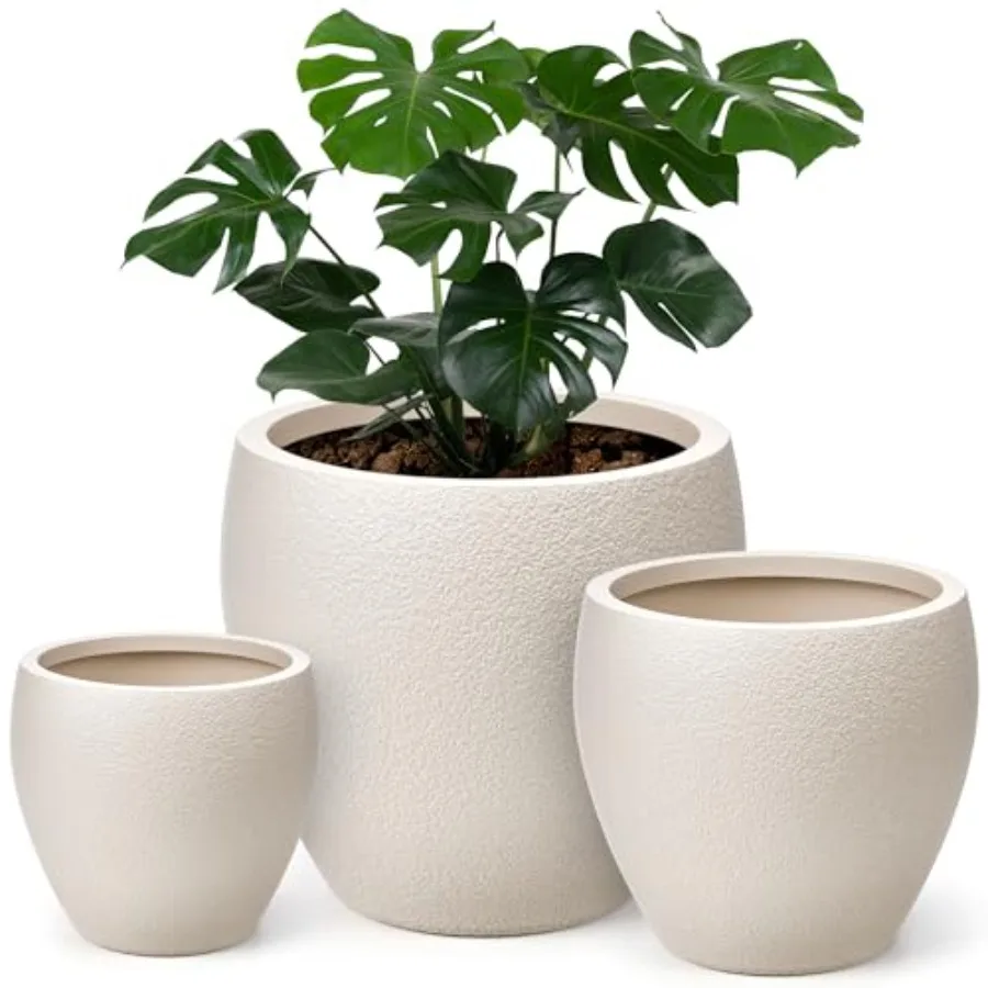 Large plastic flower pots for outdoor use, black, with drainage holes, 14.5/12/9.6 inch set of 3