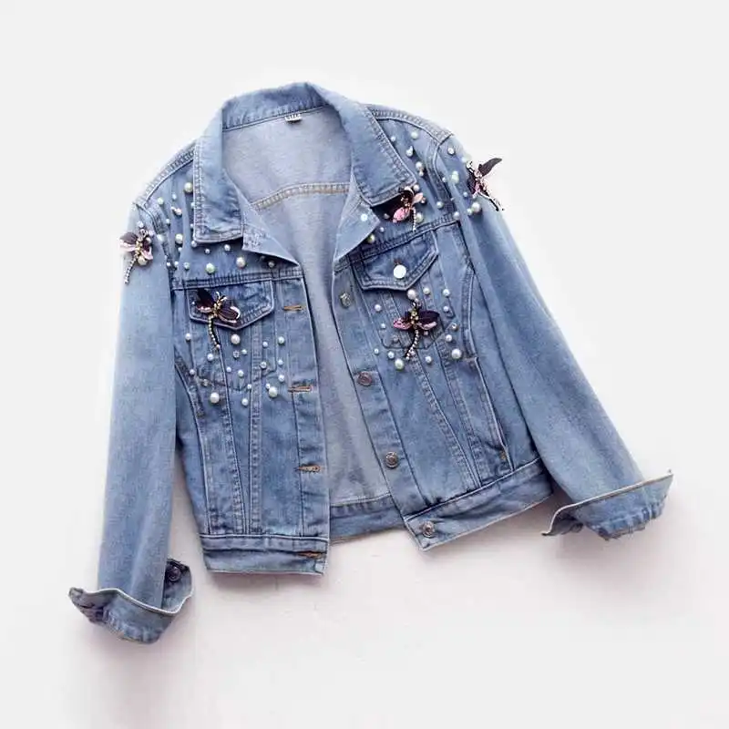 Autumn Denim Jacket Coat Women Beading Loose Overcoat Jeans Jacket Basic Coats Long Sleeve Casual Outerwear Female Spring