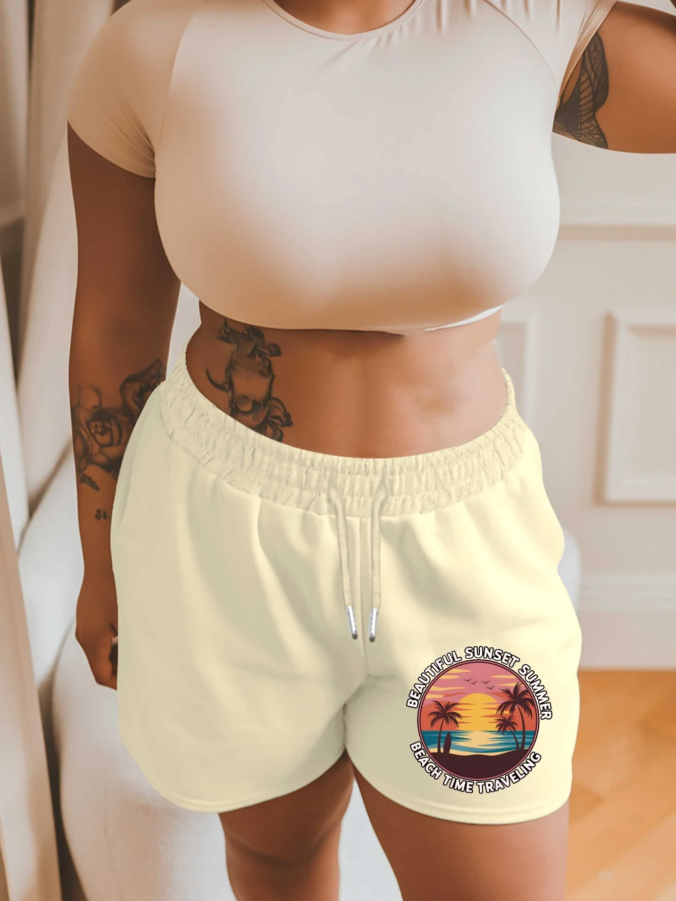 

Beautiful Sunset Ladies' Casual Summer Shorts - Beach Theme Pattern with Palm Trees and Sunset Multi Functional Beach Wear