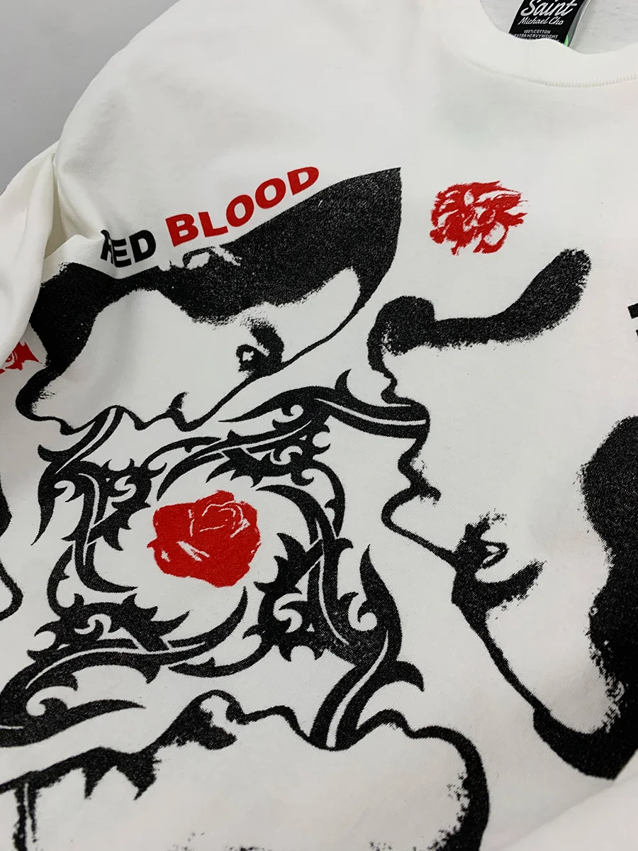 Retro Heavyweight Loose Long Sleeve T-Shirt  Band Limited Edition High Street Rose Flower Print Cotton C...