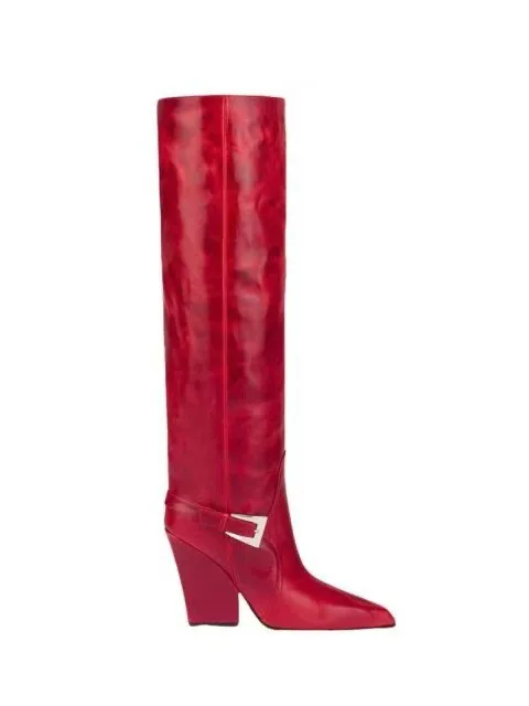 Women's Long Boots with Square Toe Thick Heel One Foot Kick Straight Tube, Red Belt Buckle, Sleeve, Large Size, Knee High Boots