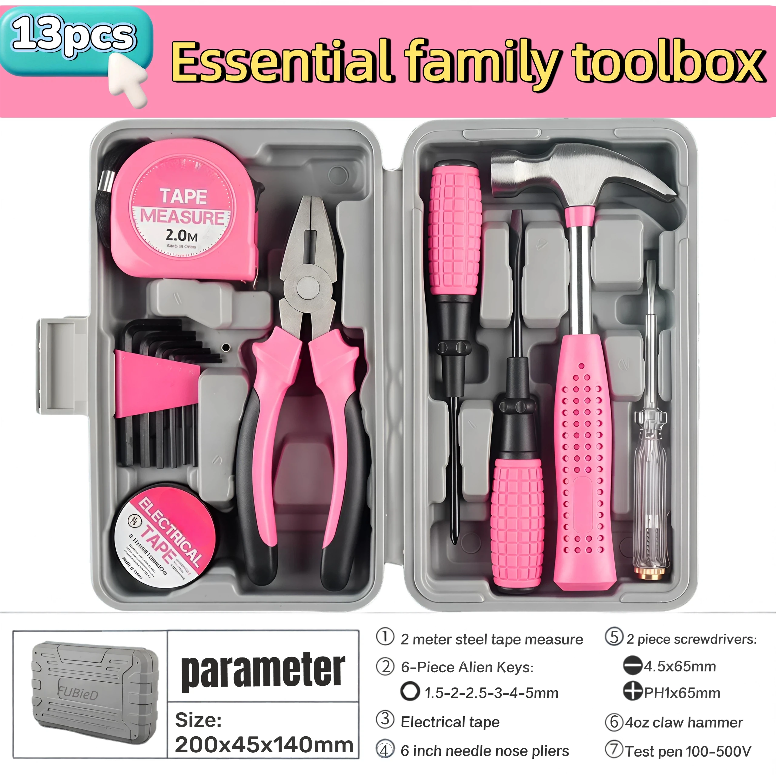 13 piece household essential tool set with plastic box storage box for car repair and daily home furniture DIY maintenance tools