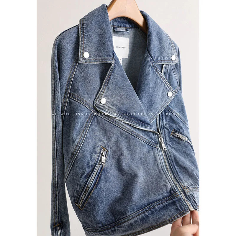 

2026 New Motorcycle Denim Coat Women Spring Autumn Fashion Zipper Denim Jacket Outerwears Female Loose Cowgirl Jackets Top