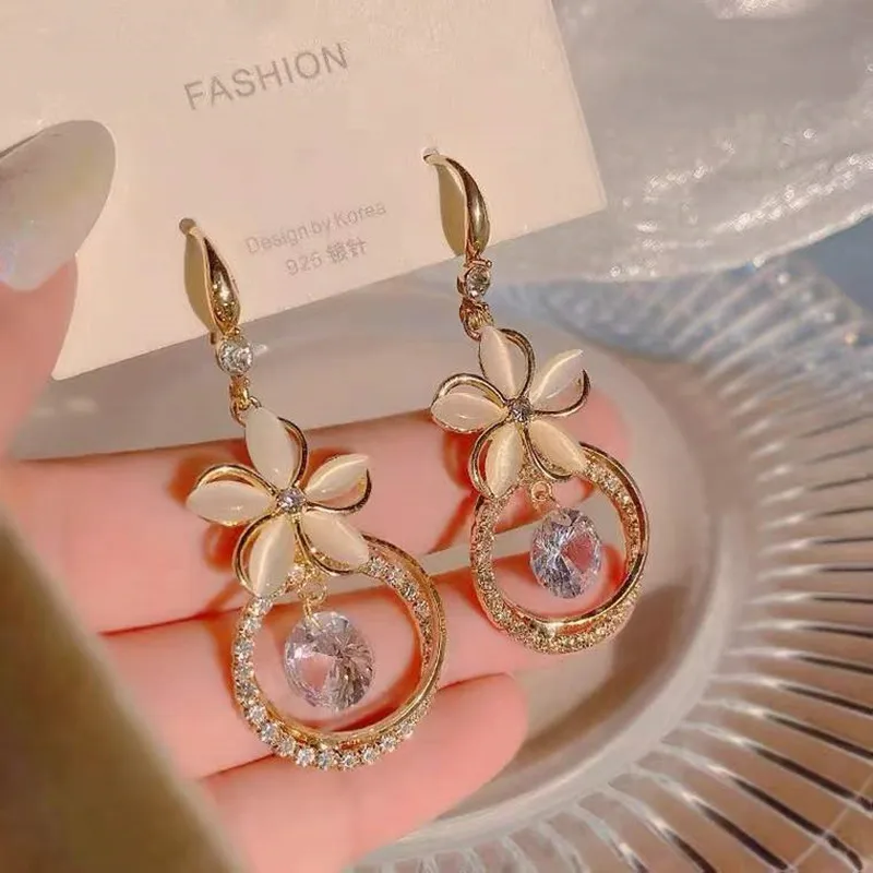 New Fashion Elegant Opals Flowers Pendant Earrings For Women Girls Golden Round Crystal Zircon Wedding Earrings Jewelry Gift image 2
