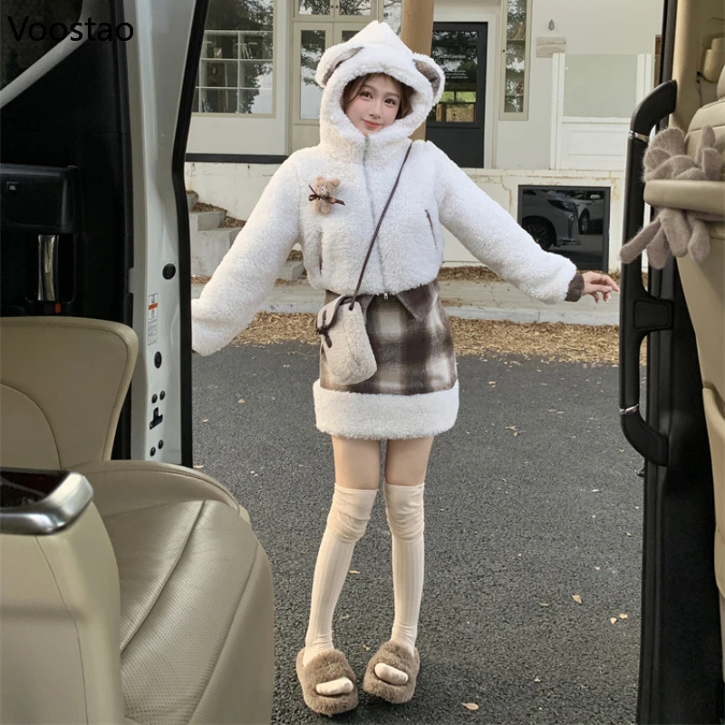 Autumn Winter Lolita Skirt Sets Women Sweet Cartoon Bear Ears Hooded Lambswool Short Jacket Mini Plaid Skirt Female 2 Piece Set