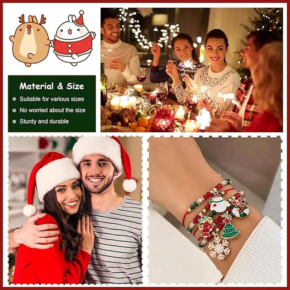 

6pcs Hot Santa Claus Christmas Bracelet Reindeer Christmas Tree Braided Rope Snowman Wreath Beaded Jewelry Women