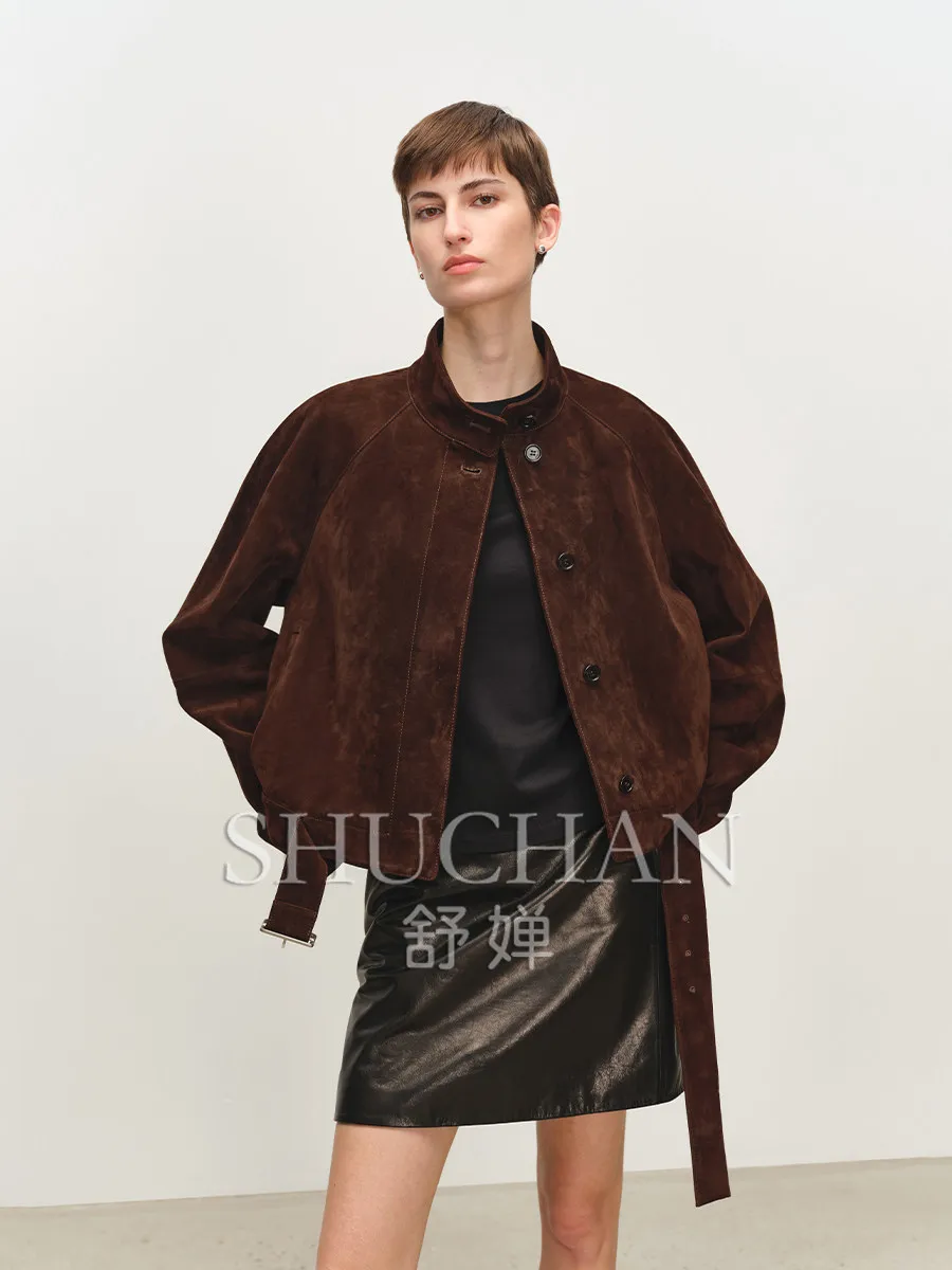 2026 Autumn Winter Jacket Women's Turkish Goatskin/suede Wind Plugged Shoulder Belt Short Leather Jacket