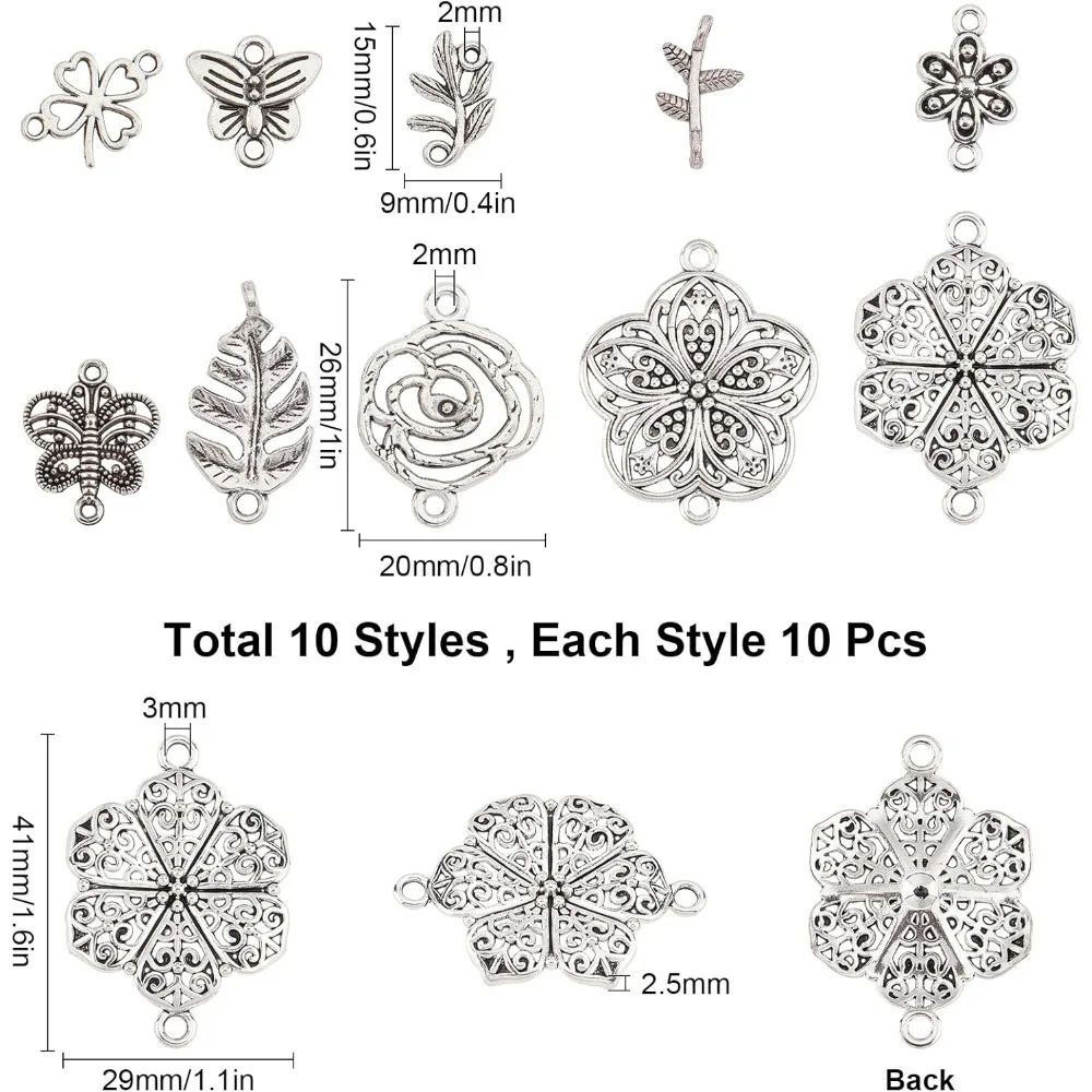 1 Box 100Pcs Connector Charms Thanksgiving Luck Leaf Linking Charms Rose Flower Leaves Butterfly Links Antique Silver Charm