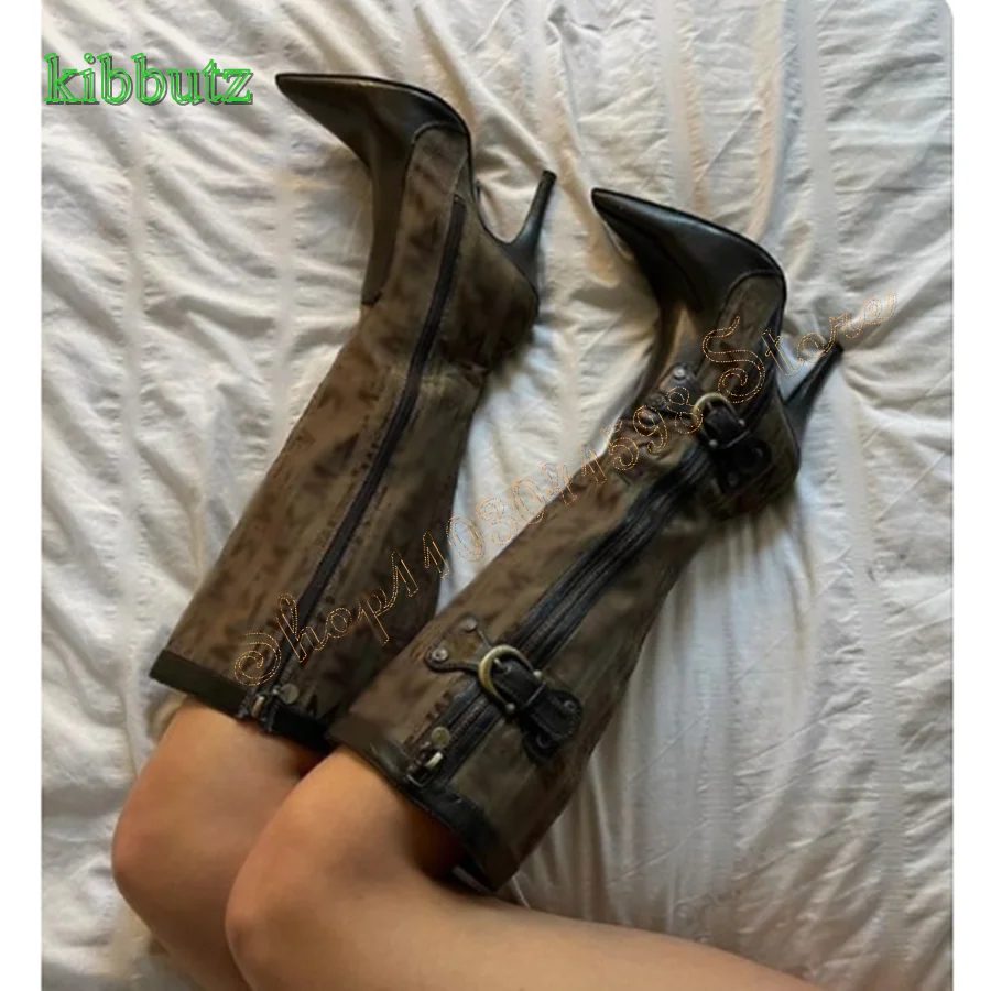 

Pointed Toe Leather High Heel Boots,Vintage Canvas Buckle Knight Boots Zipper Stiletto Women's Boots2024 New Zapatos Para Mujere
