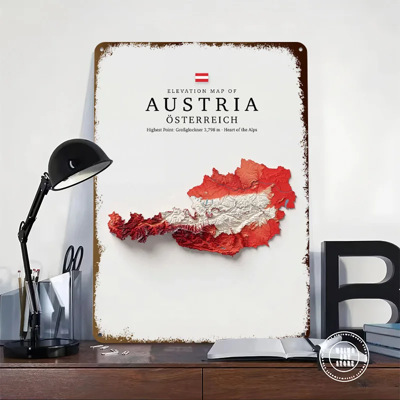 Elevation Map of Austria 3D Printed Texture Poster Personalized Wall Art Retro Metal Tin Signs for Article Decoration Gaming