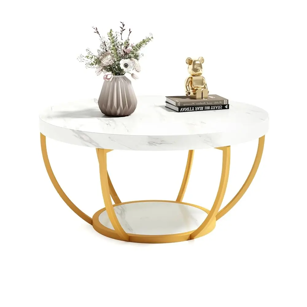 

Round Coffee Table, 32"" Circle Faux Marble Coffee Tables For Living Room, 2-Tier Golden Metal Legs Accent Center Table With