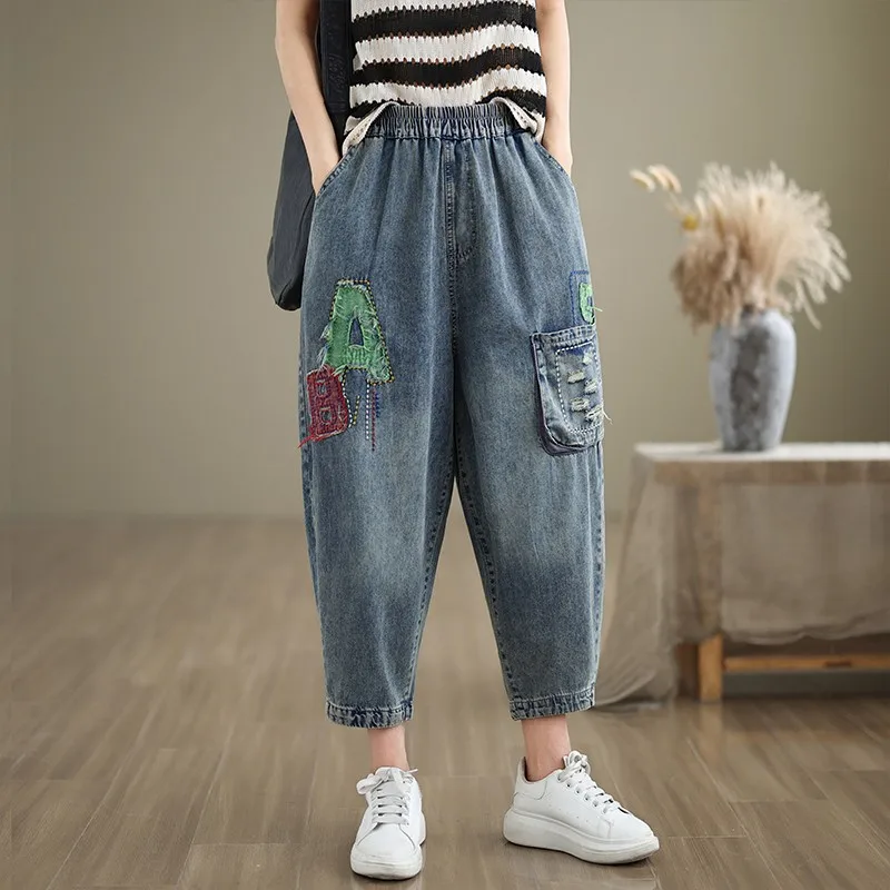 

New Arrival Spring Korea Fashion Women Elastic Waist Cotton Denim Harem Pants Patch pocket Letter Embroidery Casual Loose Jeans