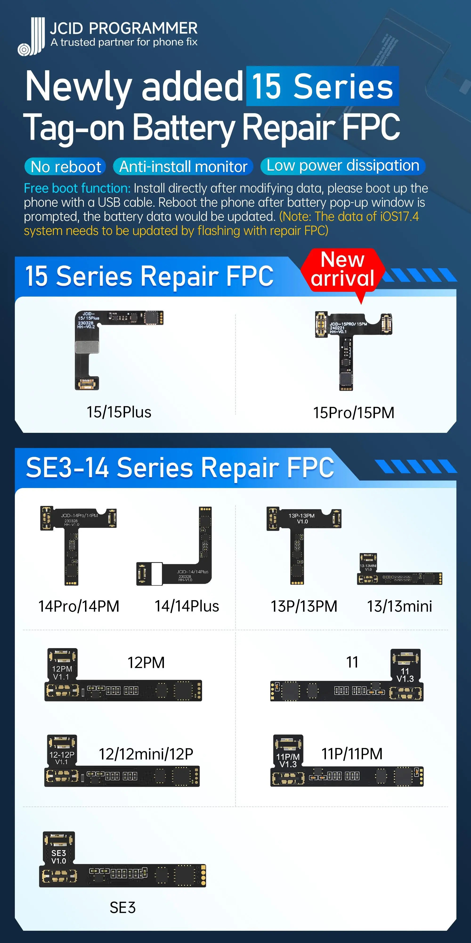 JC V1SE Battery Repair Cable Flex Tag On NO Sodering for iPhone iPhone SE3 11 12 13 14Pro Max Pop-up Repair FPC Remove Warning