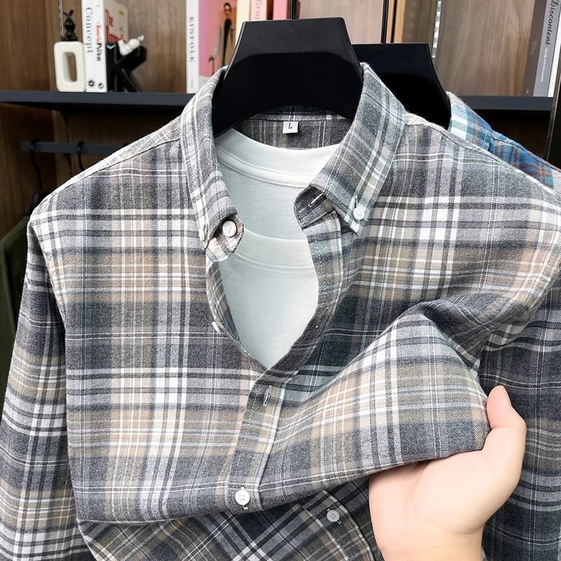 100% cotton checkered long sleeve shirt men's new high-quality soft lightweight comfort luxury fashion youth casual coat top