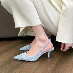 Sea Salt Blue Pointed High Heel Sandals for Women Back Hollow Half Headed Single Shoes Fashion Versatile Casual Shoes