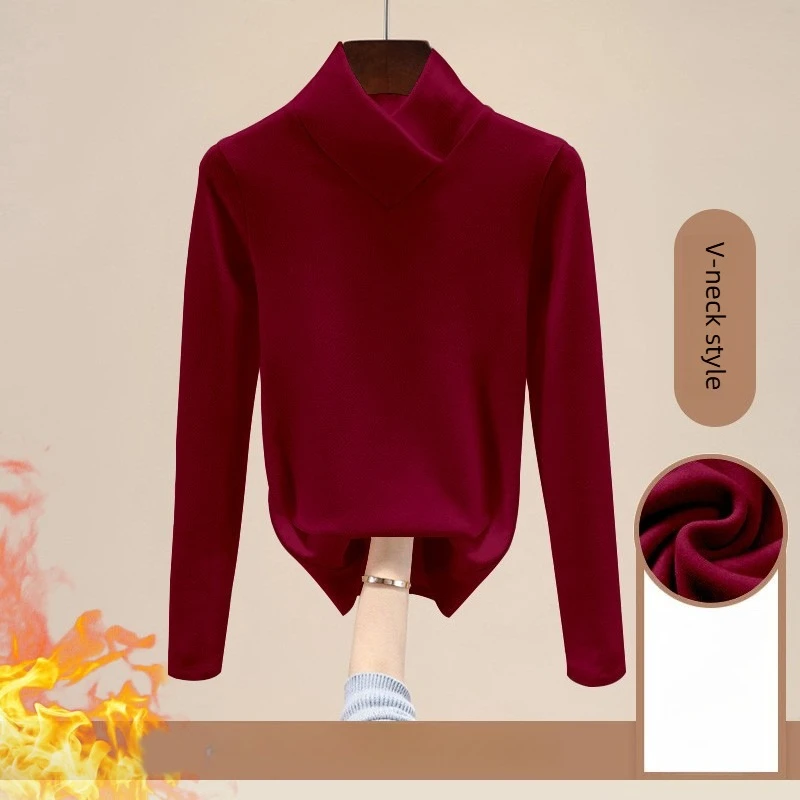 Women Autumn Winter New T-Shirts Solid V-Neck Plus Velvet Thicken Warm Tops Fashion Long Sleeve Slim Pullovers Bottoming Shirt