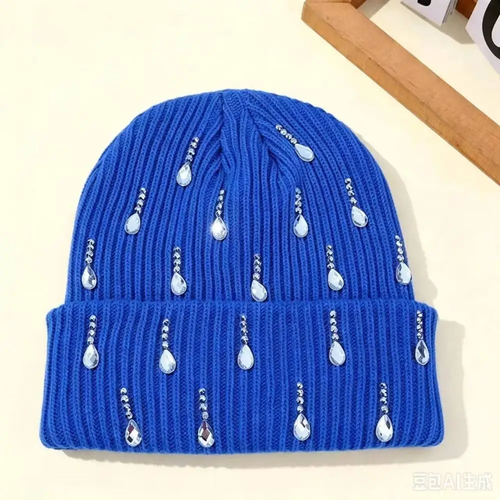 Sparkling Women Knitted Beanie Hat Rhinestone Embellishment Double Layer Winter Hat Stretch Fit Foldover Cuff Cuffed Beanie