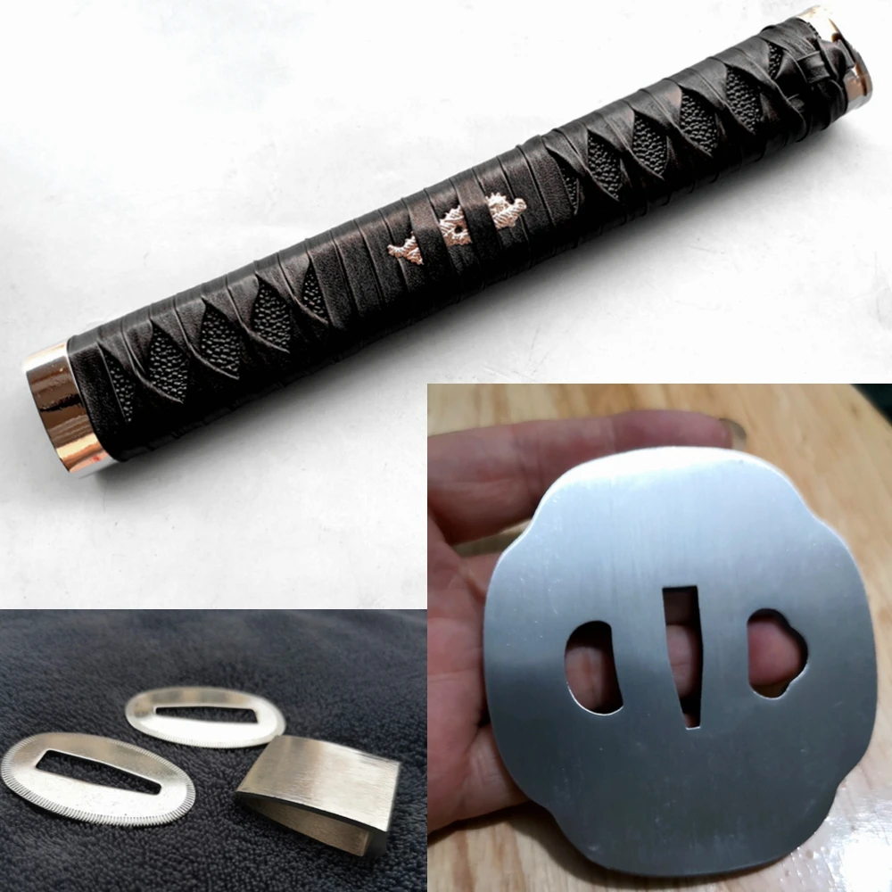 26cm black Leather sago handle alloy slive fuchi For fuchi Menuki Seppa Habaki Bamboo For Japanese sword katana