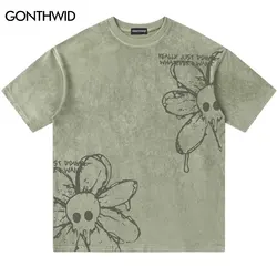 Hip Hop Suede T-Shirt Streetwear Flower Floral Skull Graphic Print Short Sleeve Tshirt 2024 Men Summer Harajuku Loose Shirts Top