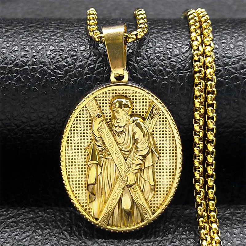 Christian Elements Style Gold Color Stainless Steel Relief Robe Elderly Necklace UNISEX Sacred Believer Necklace