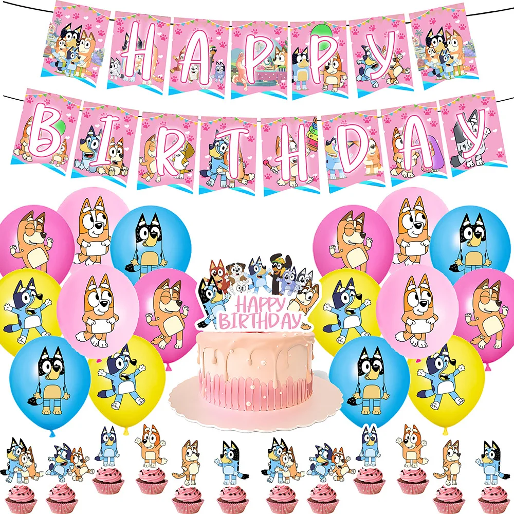 Pink Cartoon Bluey family Dog Birthday Party Supply Disposable Banner Cake Topper Hanging Flag Balloons Set Birthday Decorations