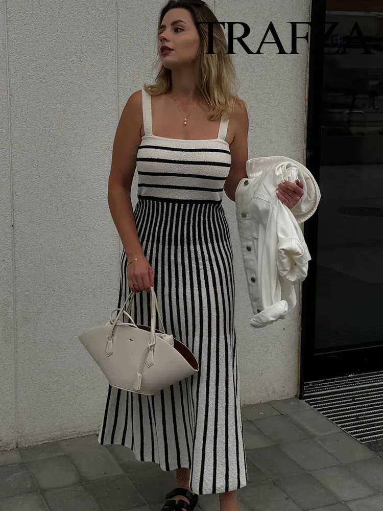 TRAFZA Women's Fashion Sleeveless Black And White Striped Bias-Cut Dress Female Chic Elegant Backless Ankle Length Midi Dress