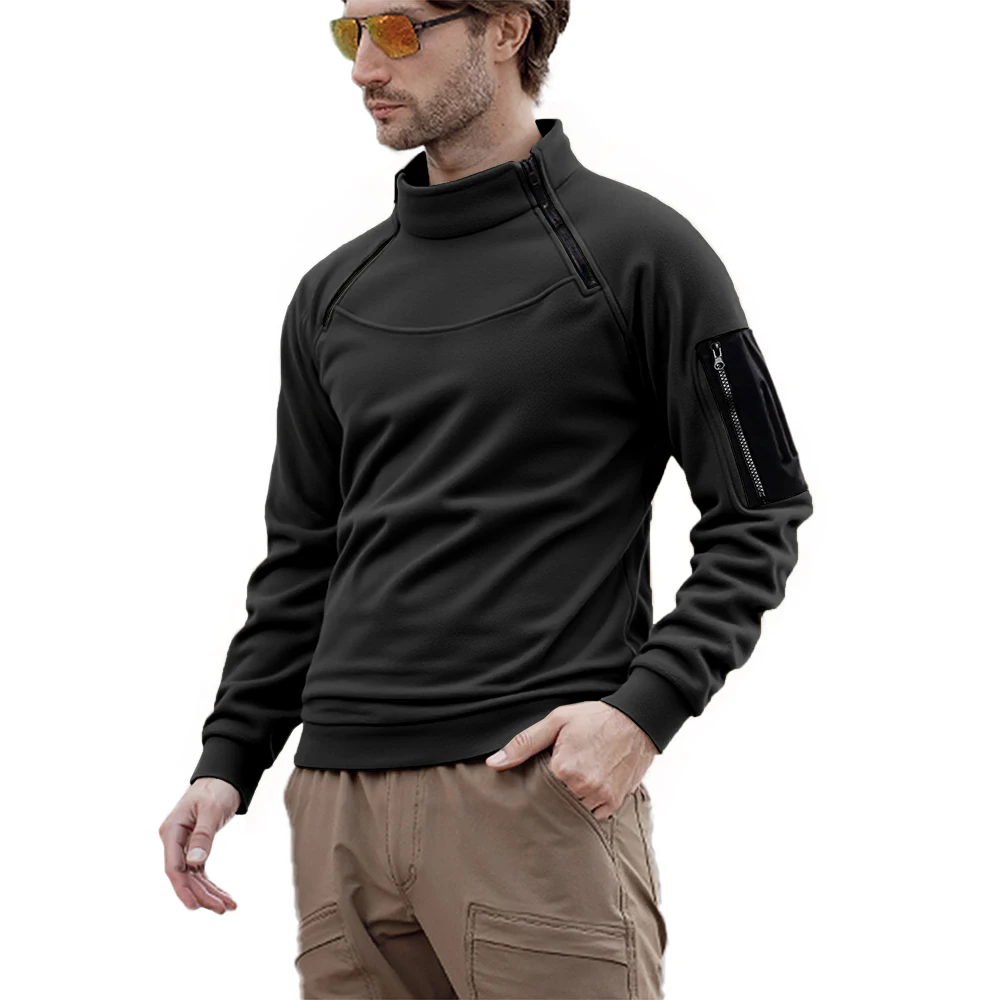 Sweat-shirt chaud et épais pour hommes, polaire d'extérieur, respirant, tactique, fermeture éclair, col debout, manches longues, décontracté, couleur unie, hiver