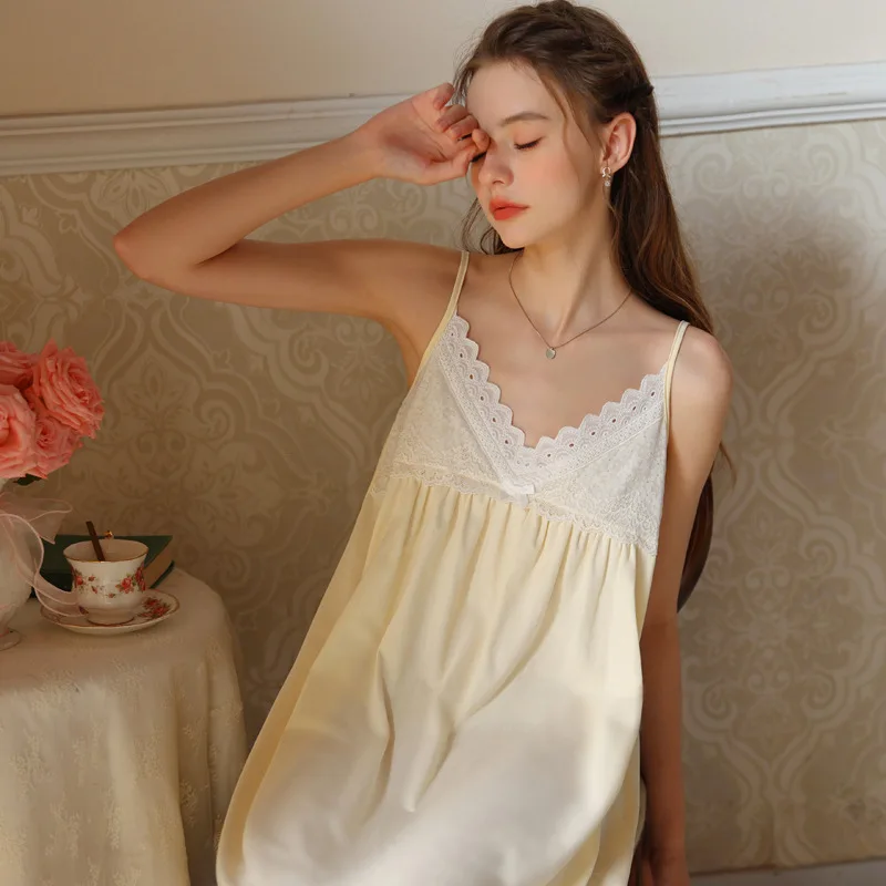 

Sleepwear Mini Night Dress Women Summer CottonShort Nightgown Princess French elegance Palace Embroidery Spaghetti Straps Lace