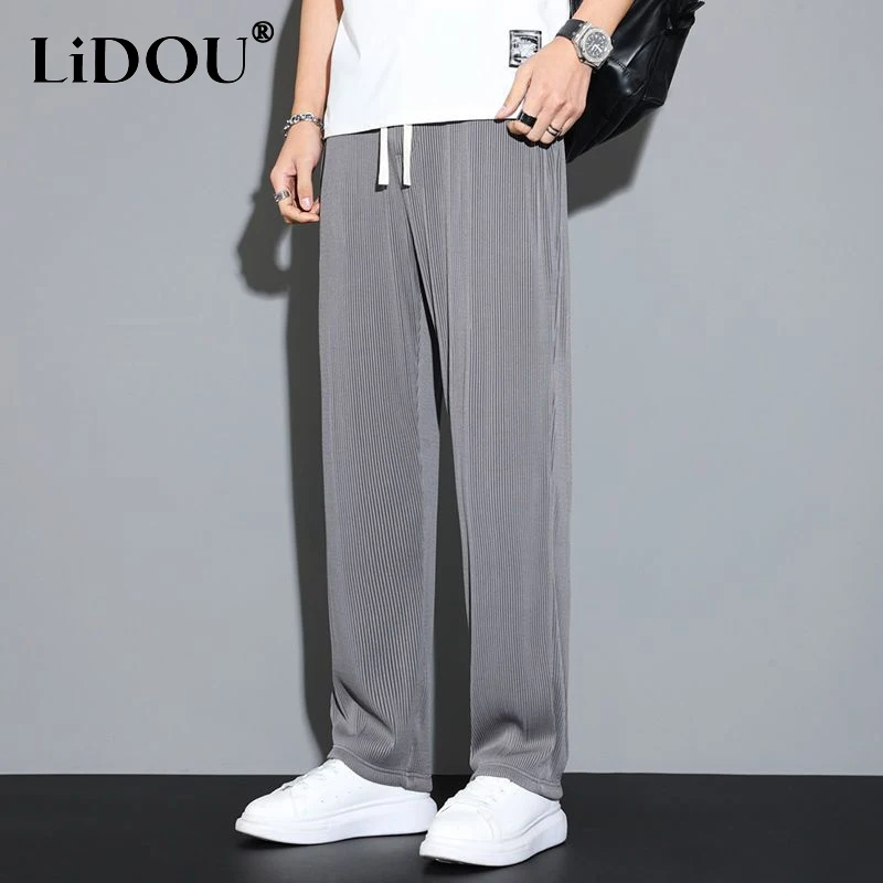 

2023 Summer New Fashion Solid Color Straight Pants Man Thin Style Elastic Waist Drawstring Pockets Loose All-match Casual Trouse