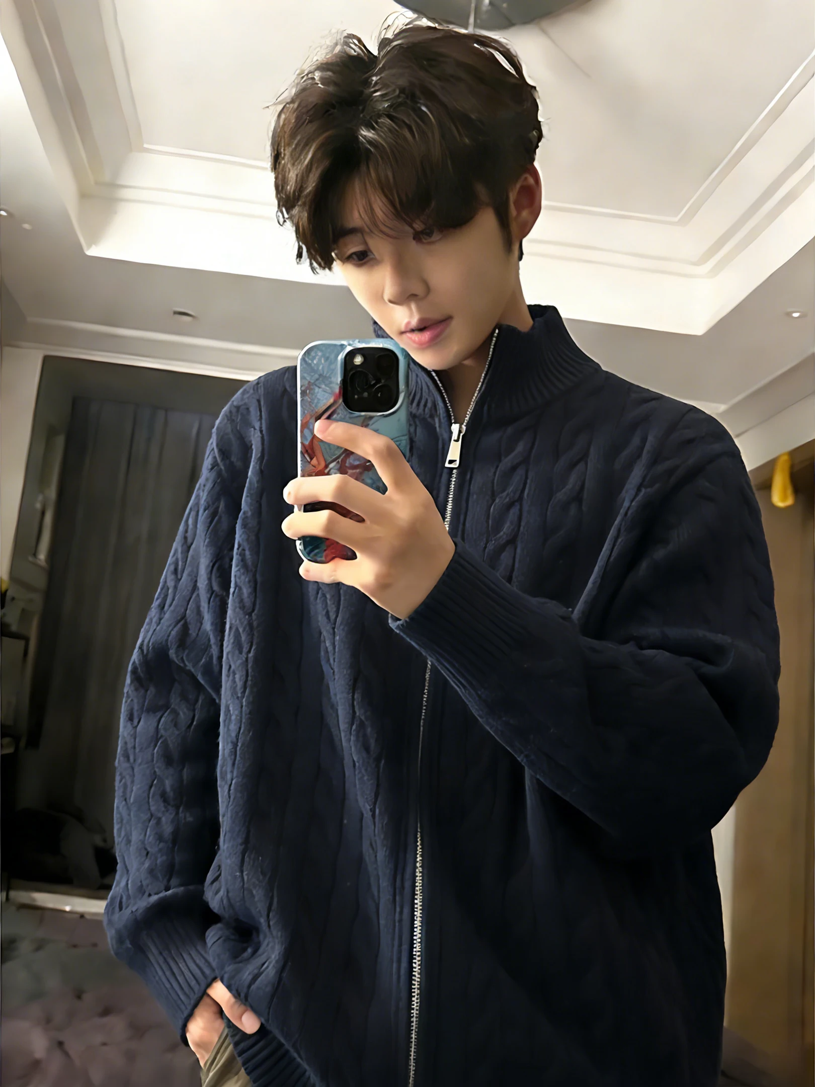 

American Sle Knitted Cardigan Coat Men's Spring Faion Zipped Twisted Blue Sweater Casual Loose Fit Long Sve Jaet