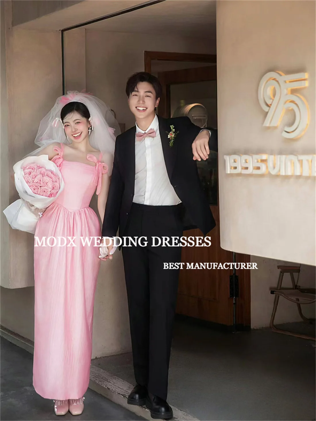 MODX Sweet Pink Evening Dresses Korea Wedding Photo shoot Strap Bowknot Soft Satin Ankle Length Evening Gowns Party Dresss