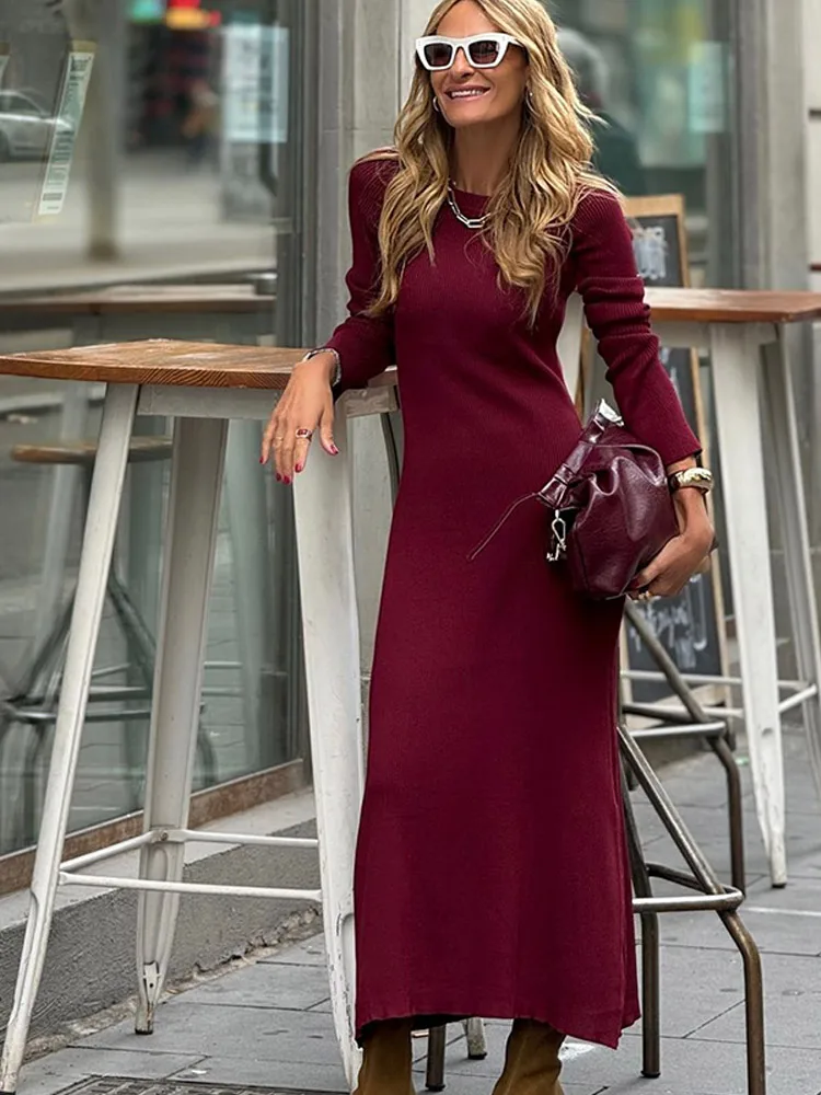 Fashion Dark Red Long Sleeve Knit Dress For Women Elegant High Collar Bodycon Maxi Dresses Autumn New Female High Streetwear